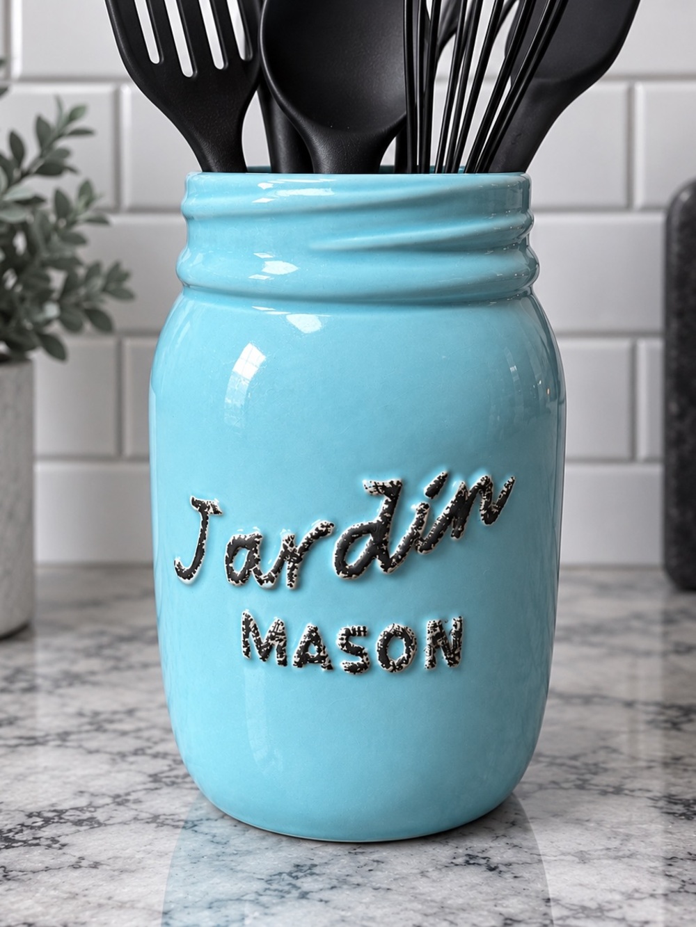 Vintage Inspired Aqua Blue Ceramic Mason Jar – “Jardin MASON”